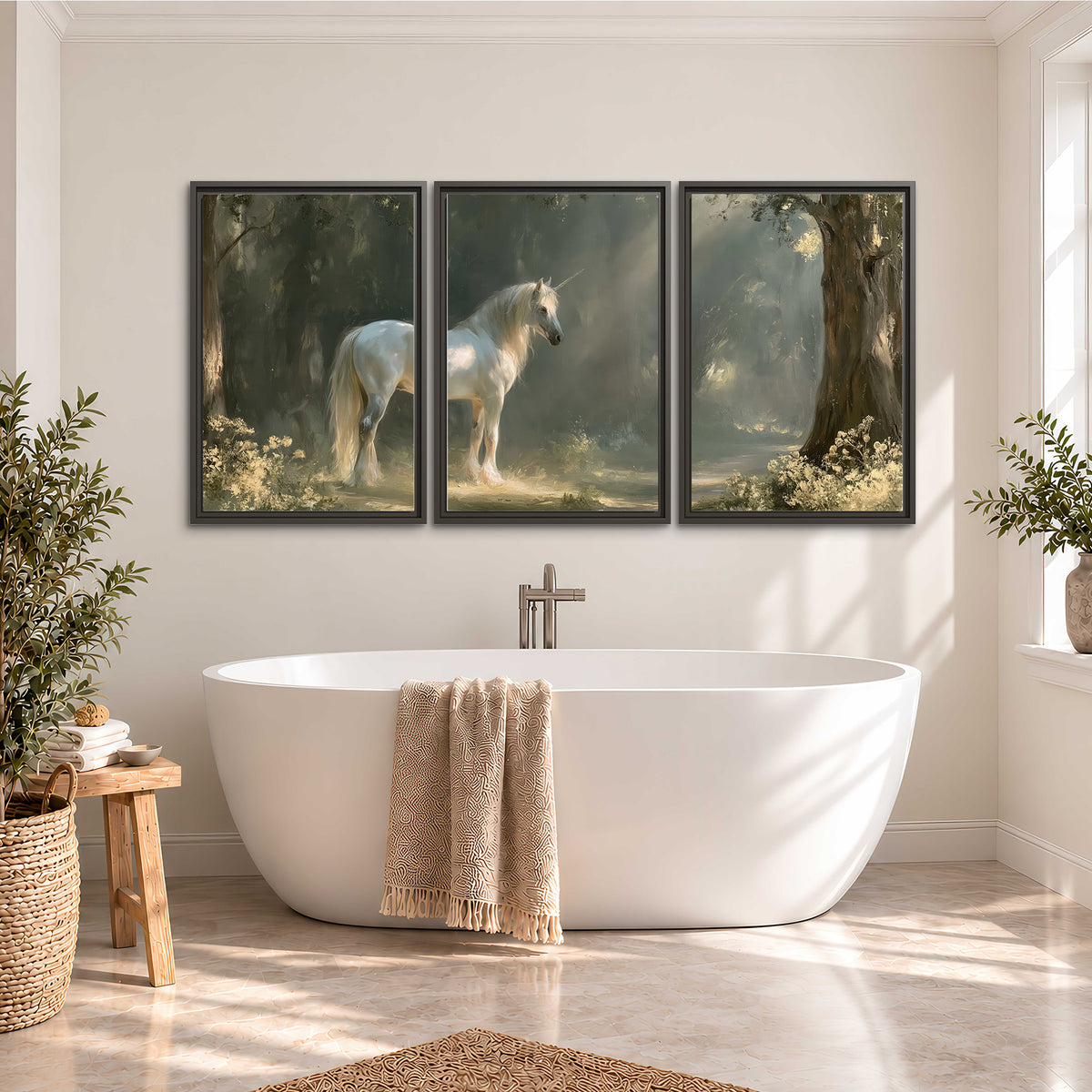 A white unicorn standing beneath arching trees in a softly lit woodland 3 piece framed canvas wall art styled in an interior