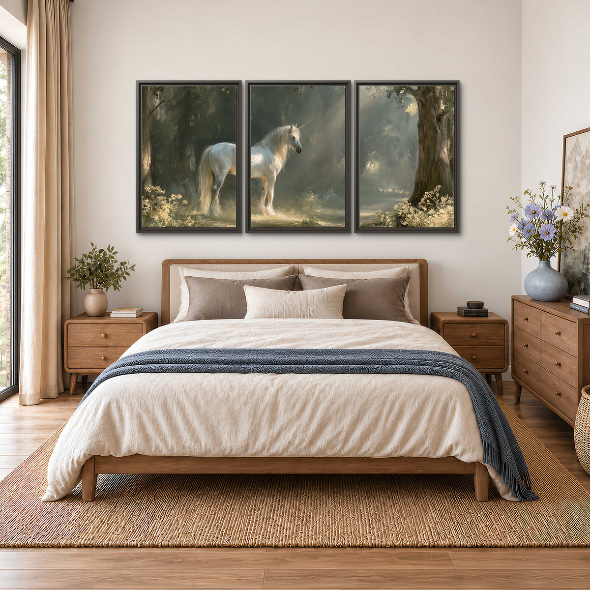 A white unicorn standing beneath arching trees in a softly lit woodland 3 piece framed canvas wall art styled in an interior