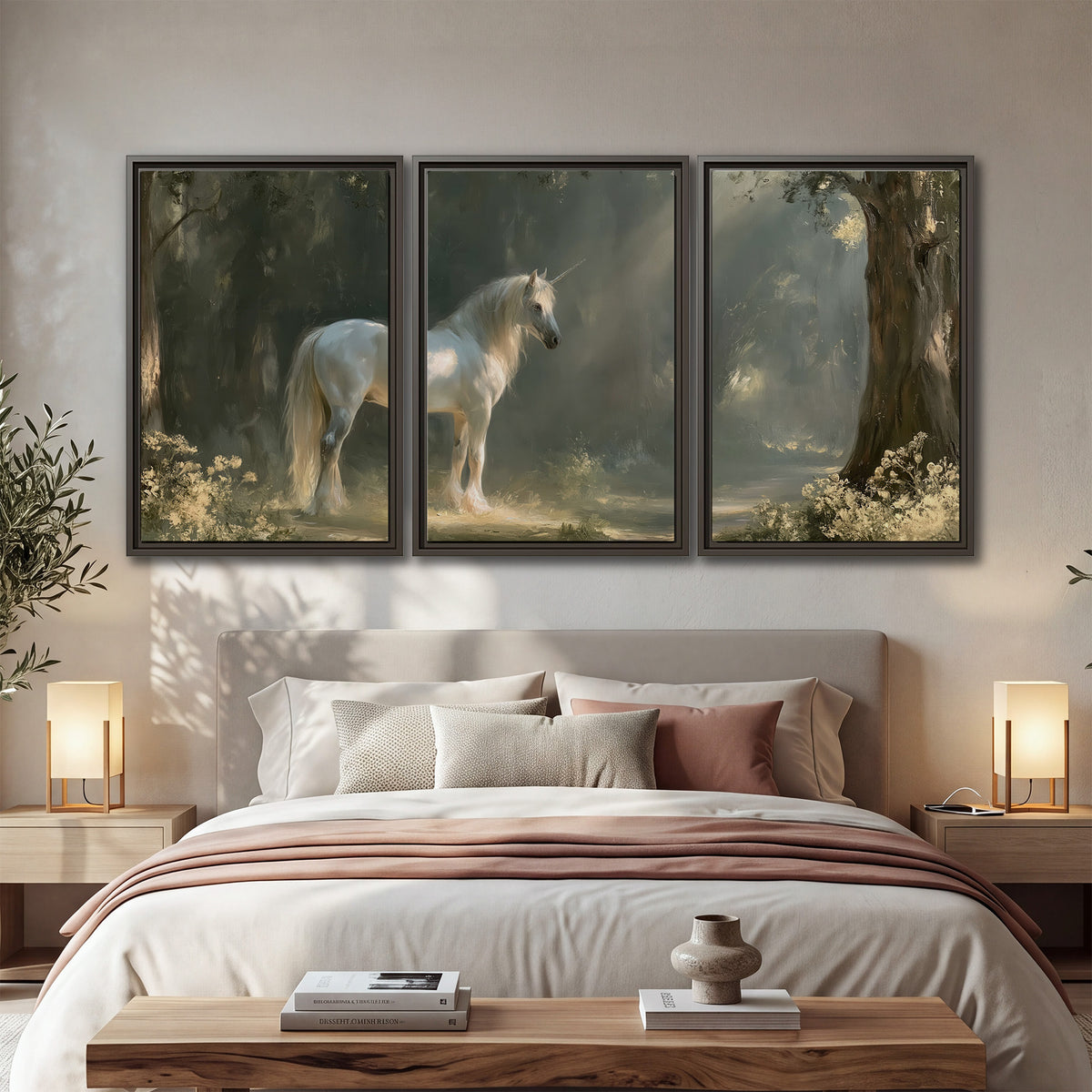A white unicorn standing beneath arching trees in a softly lit woodland 3 piece framed canvas wall art displayed in a bedroom
