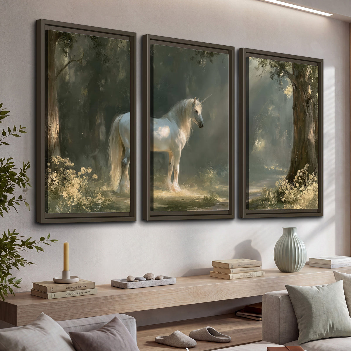A white unicorn standing beneath arching trees in a softly lit woodland 3 piece framed canvas wall art displayed in a console