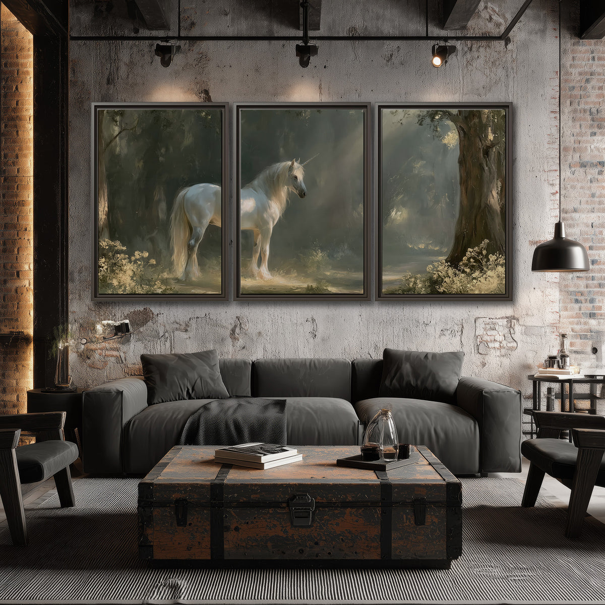 A white unicorn standing beneath arching trees in a softly lit woodland 3 piece framed canvas wall art displayed in a industrial room