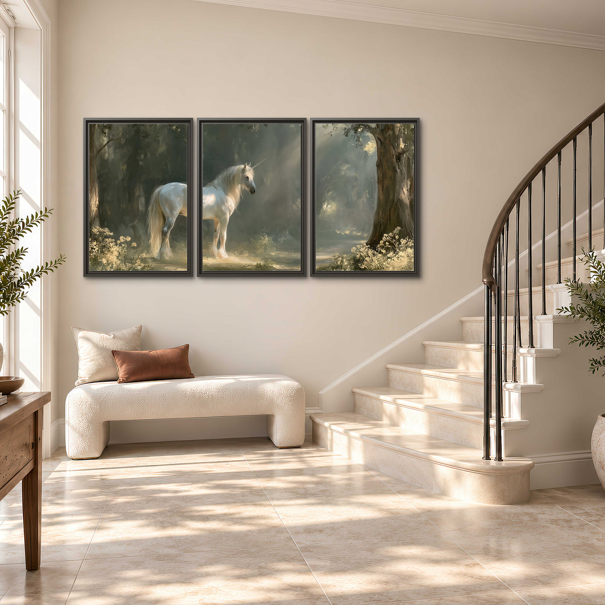 A white unicorn standing beneath arching trees in a softly lit woodland 3 piece framed canvas wall art styled in an interior