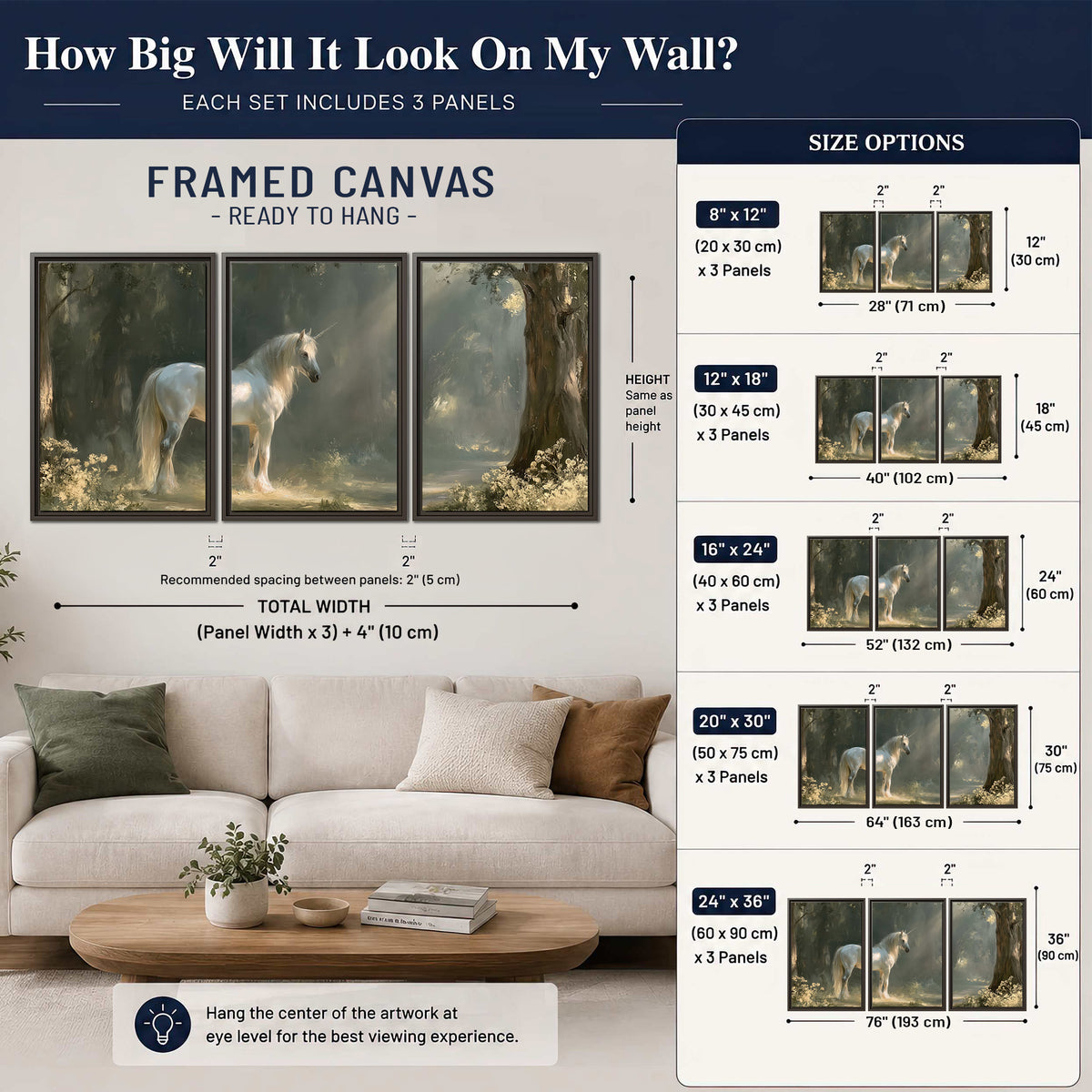 A white unicorn standing beneath arching trees in a softly lit woodland 3 piece framed canvas wall art size guide above a sofa; room view is illustrative