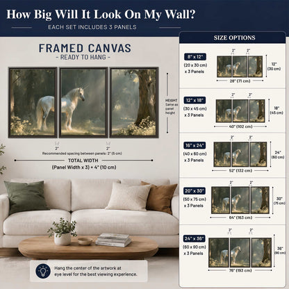 A white unicorn standing beneath arching trees in a softly lit woodland 3 piece framed canvas wall art size guide above a sofa; room view is illustrative