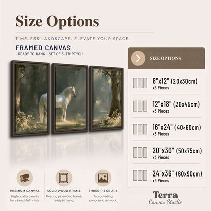 A white unicorn standing beneath arching trees in a softly lit woodland 3 piece framed canvas wall art available dimensions; triptych dimensions are per panel