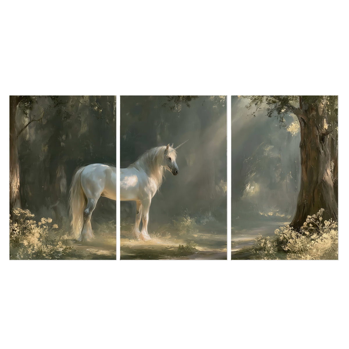 A white unicorn standing beneath arching trees in a softly lit woodland set of 3 poster prints viewed straight on