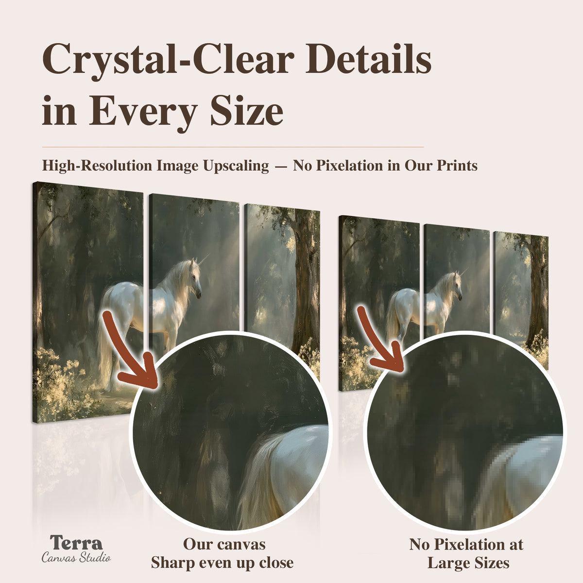A white unicorn standing beneath arching trees in a softly lit woodland artwork quality information
