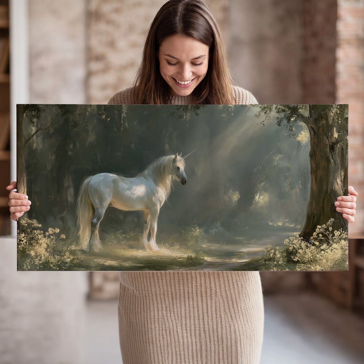 A white unicorn standing beneath arching trees in a softly lit woodland single canvas wall art held in hands