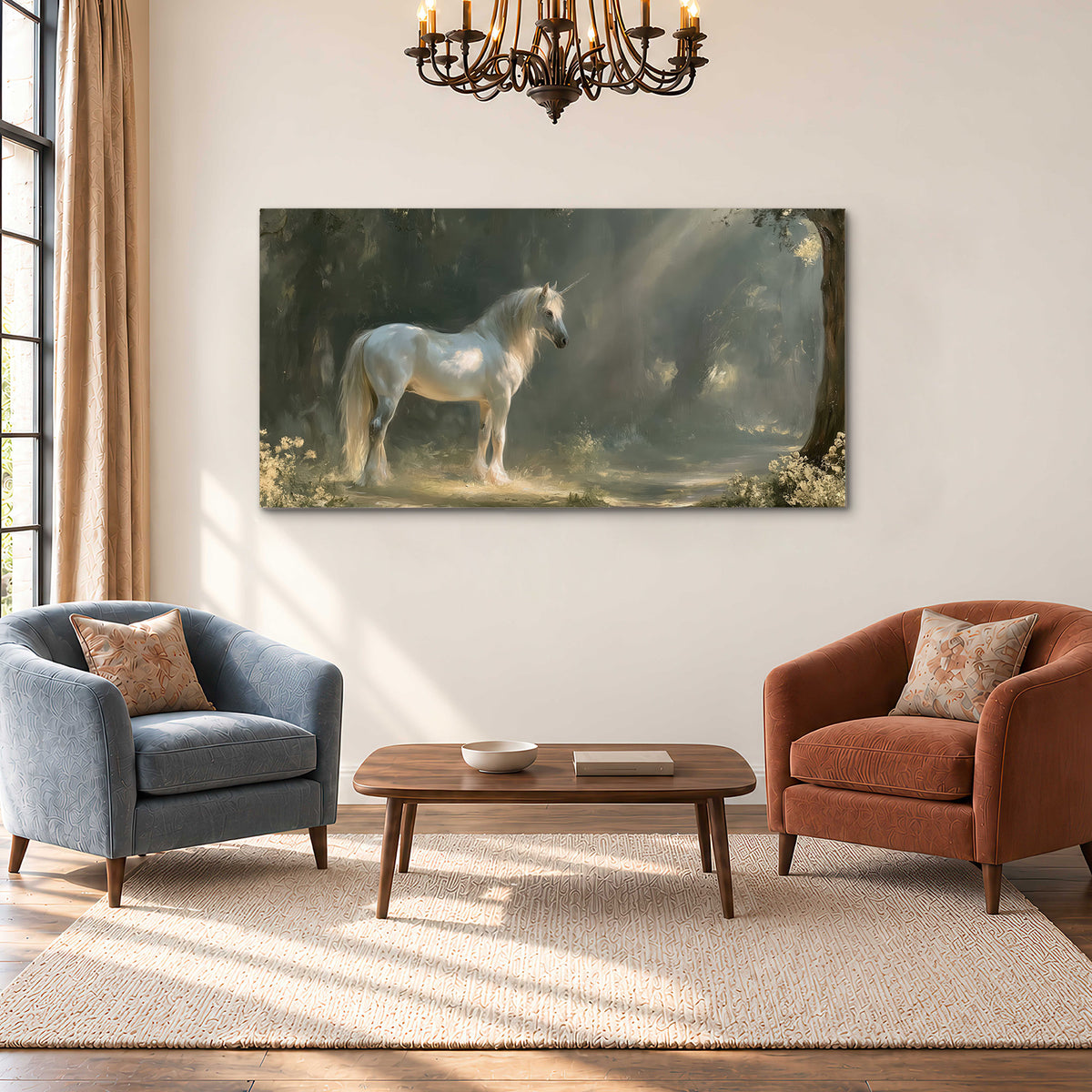 A white unicorn standing beneath arching trees in a softly lit woodland single canvas wall art styled in an interior