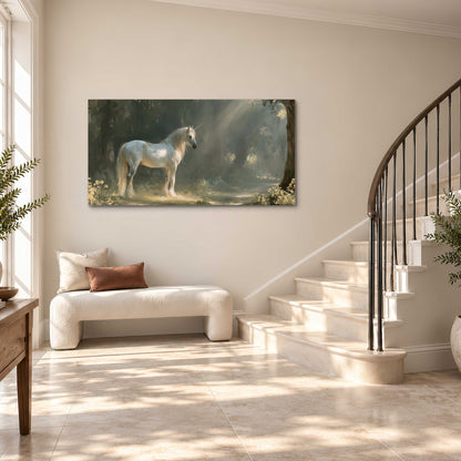 A white unicorn standing beneath arching trees in a softly lit woodland single canvas wall art styled in an interior