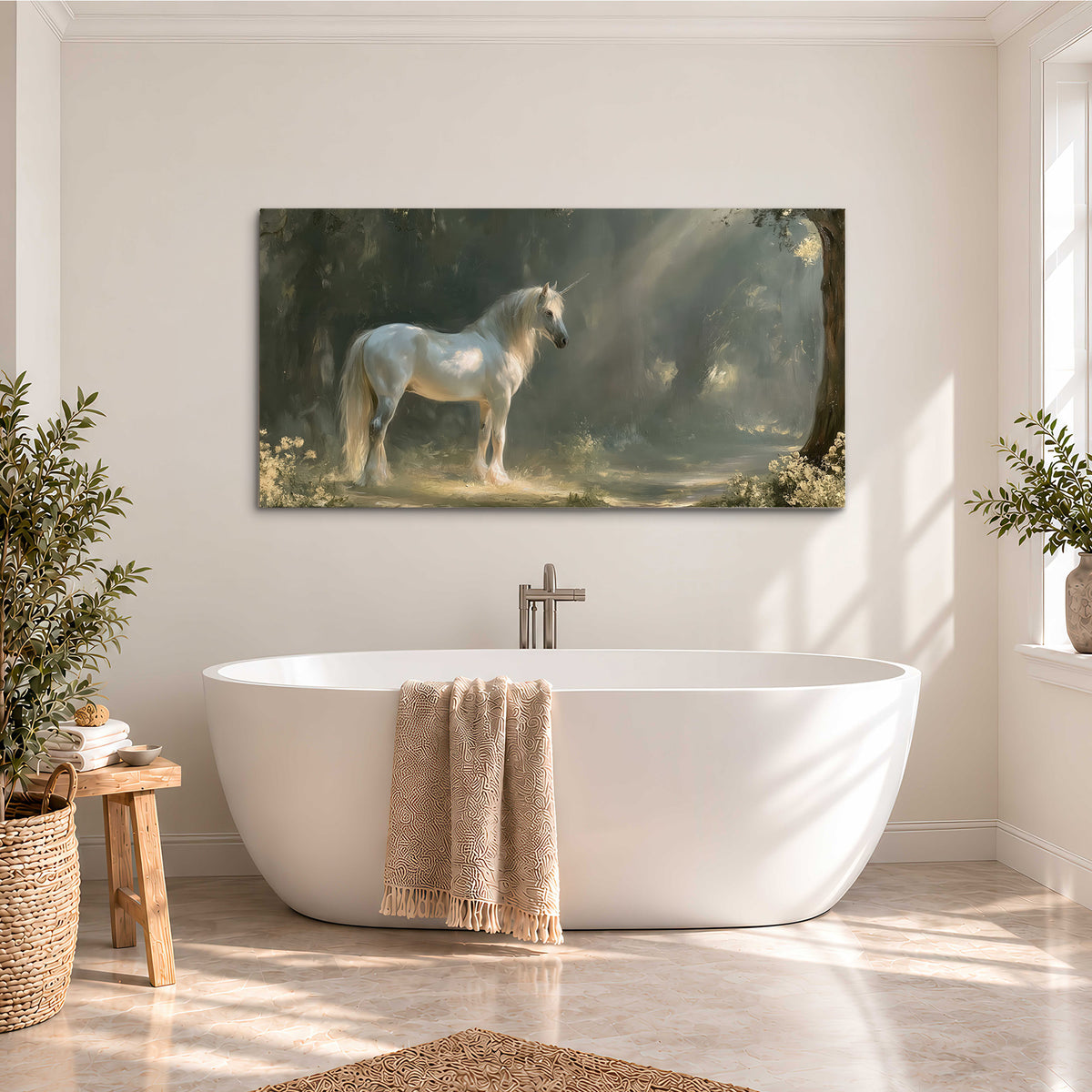 A white unicorn standing beneath arching trees in a softly lit woodland single canvas wall art styled in an interior