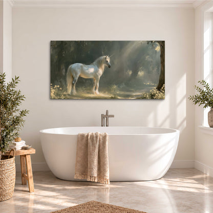 A white unicorn standing beneath arching trees in a softly lit woodland single canvas wall art styled in an interior