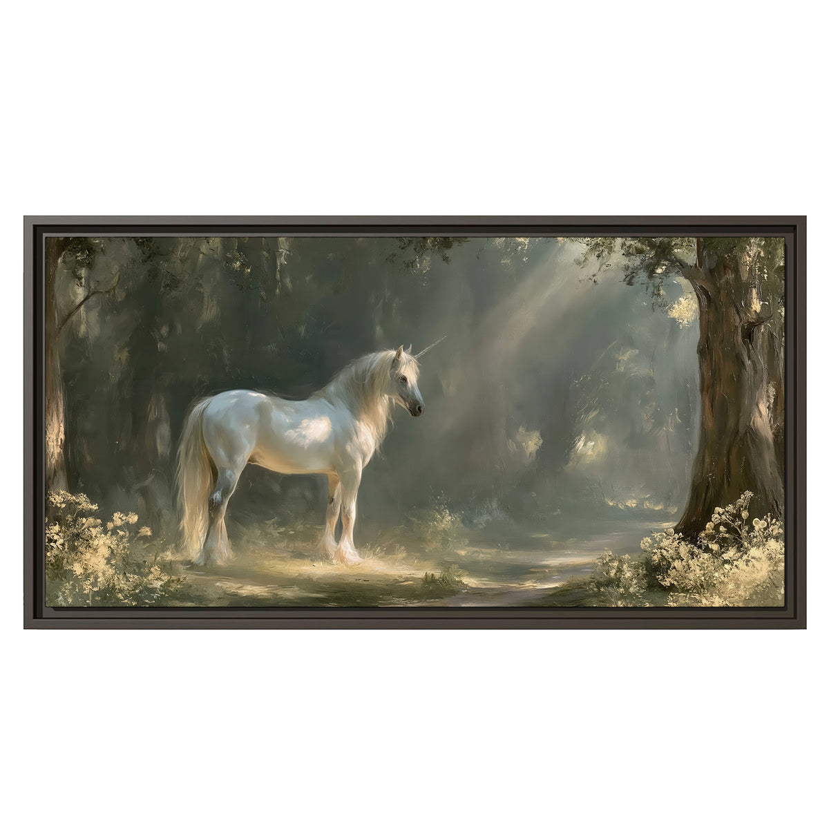 A white unicorn standing beneath arching trees in a softly lit woodland single framed canvas wall art viewed straight on