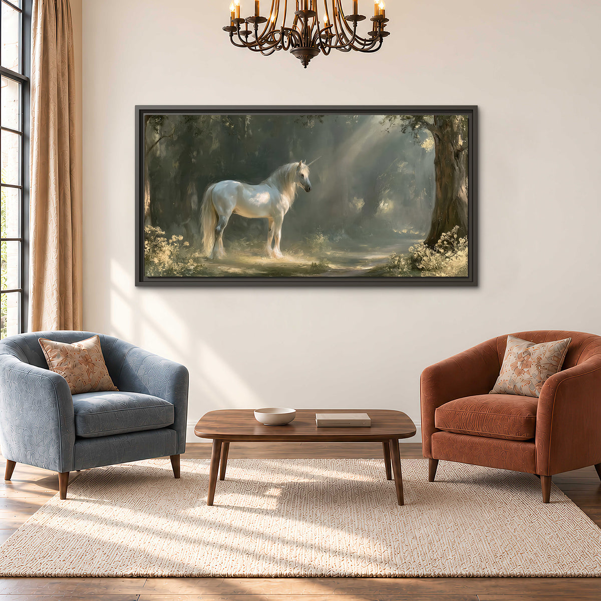 A white unicorn standing beneath arching trees in a softly lit woodland single framed canvas wall art styled in an interior