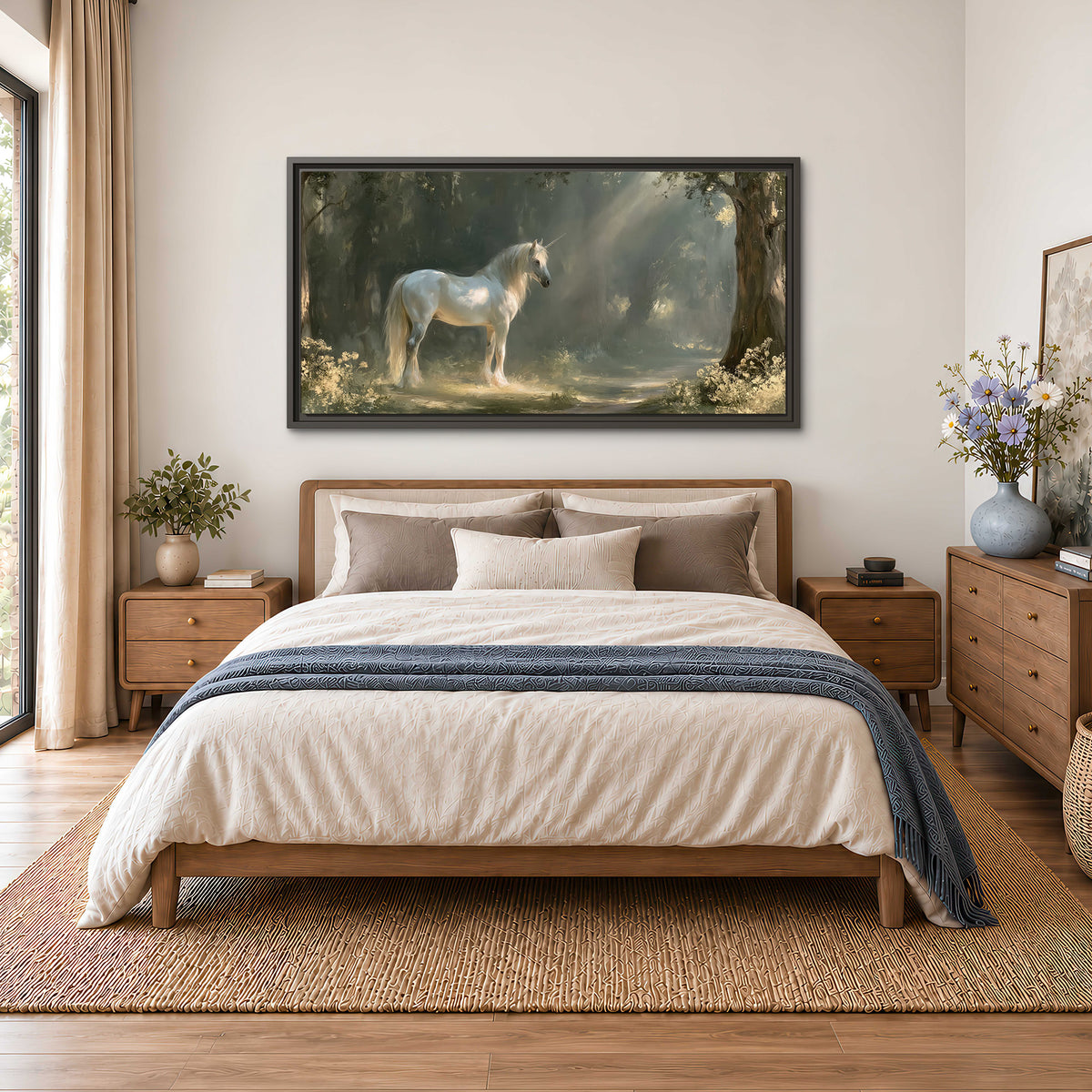 A white unicorn standing beneath arching trees in a softly lit woodland single framed canvas wall art styled in an interior