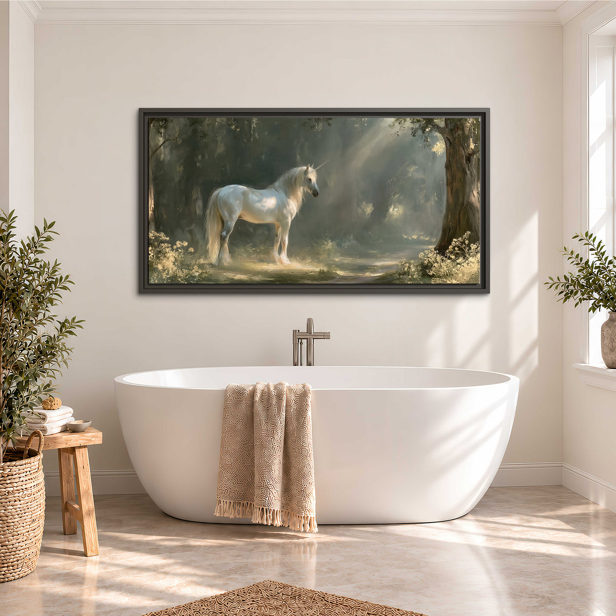 A white unicorn standing beneath arching trees in a softly lit woodland single framed canvas wall art styled in an interior
