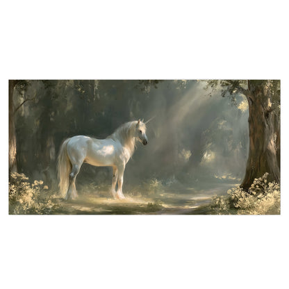 A white unicorn standing beneath arching trees in a softly lit woodland single poster print viewed straight on