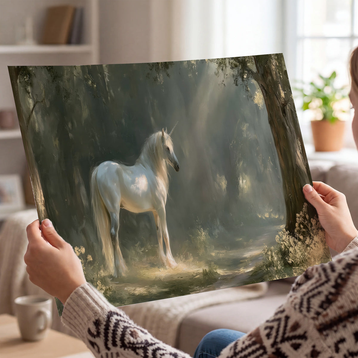 A white unicorn standing beneath arching trees in a softly lit woodland single poster print held in hands
