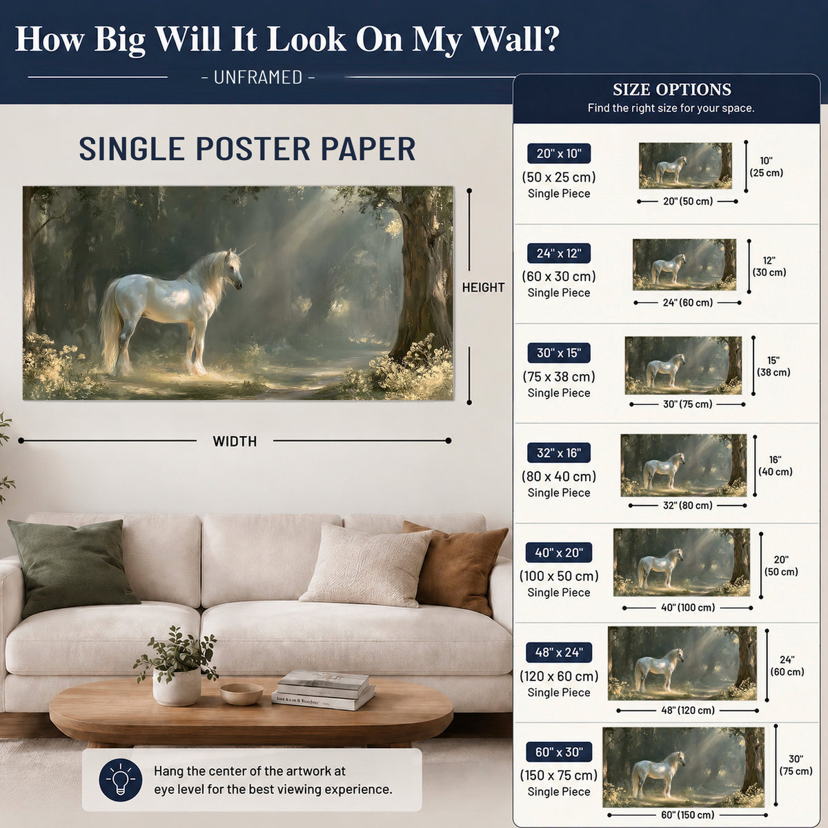 A white unicorn standing beneath arching trees in a softly lit woodland single poster print size guide above a sofa; room view is illustrative