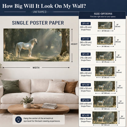 A white unicorn standing beneath arching trees in a softly lit woodland single poster print size guide above a sofa; room view is illustrative