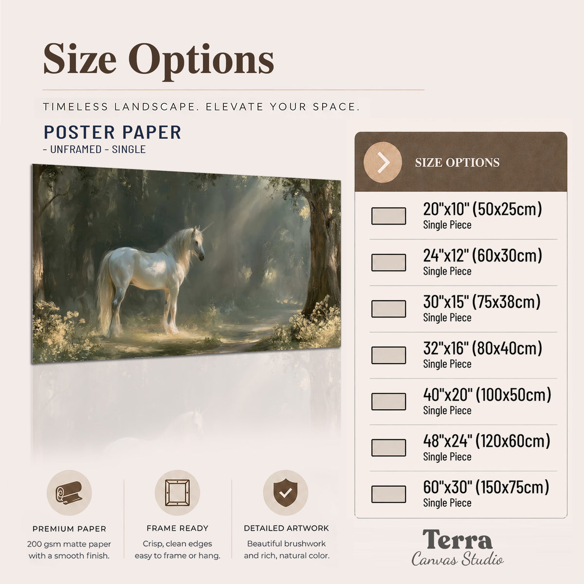 A white unicorn standing beneath arching trees in a softly lit woodland single poster print available dimensions