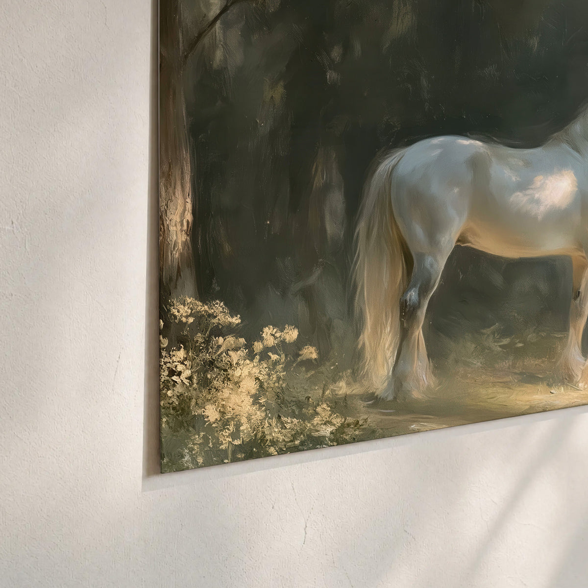 A white unicorn standing beneath arching trees in a softly lit woodland set of 3 poster prints material and edge close up