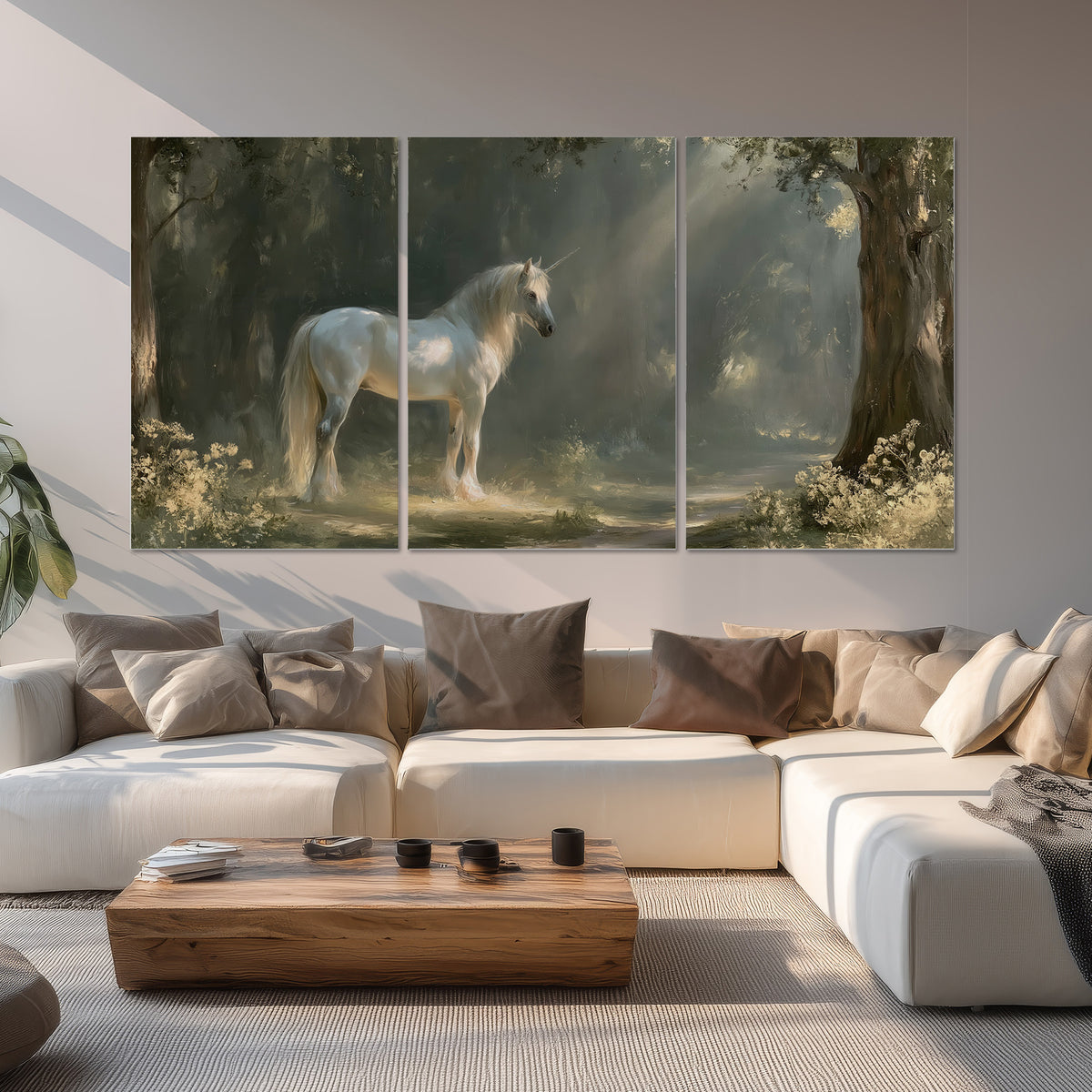 A white unicorn standing beneath arching trees in a softly lit woodland set of 3 poster prints displayed in a living room