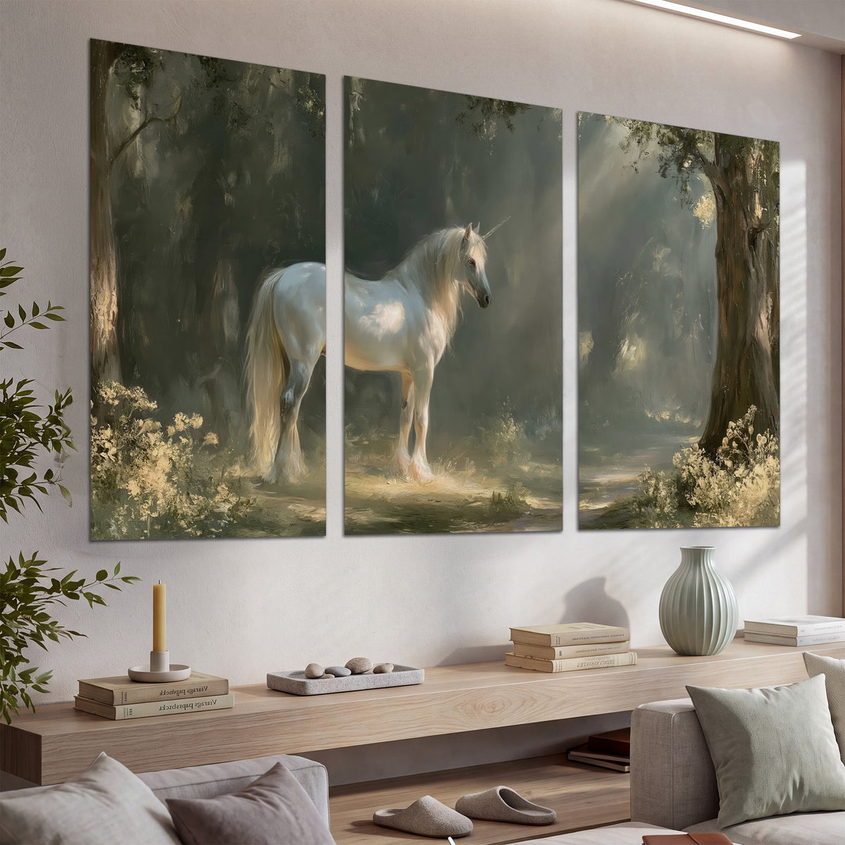 A white unicorn standing beneath arching trees in a softly lit woodland set of 3 poster prints displayed in a console