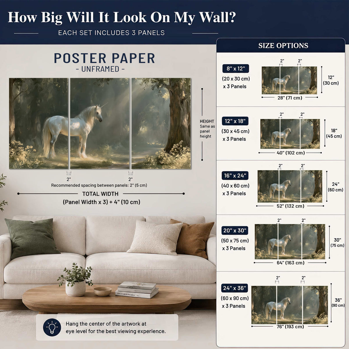 A white unicorn standing beneath arching trees in a softly lit woodland set of 3 poster prints size guide above a sofa; room view is illustrative
