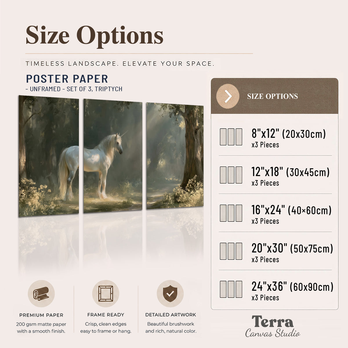 A white unicorn standing beneath arching trees in a softly lit woodland set of 3 poster prints available dimensions; triptych dimensions are per panel