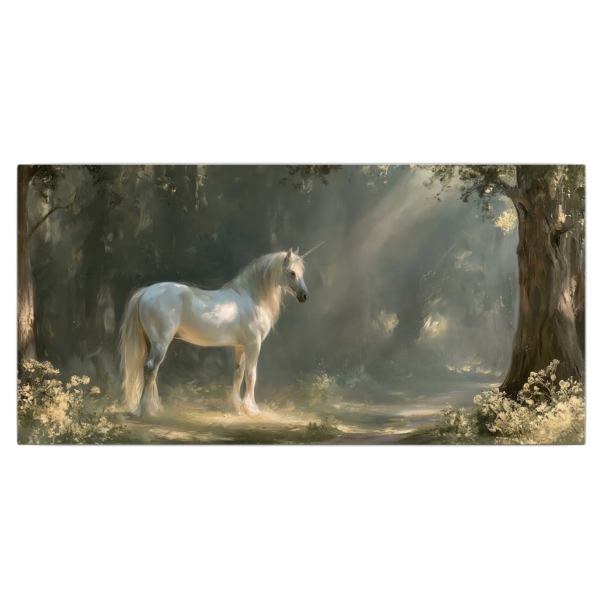 A white unicorn standing beneath arching trees in a softly lit woodland single canvas wall art viewed straight on