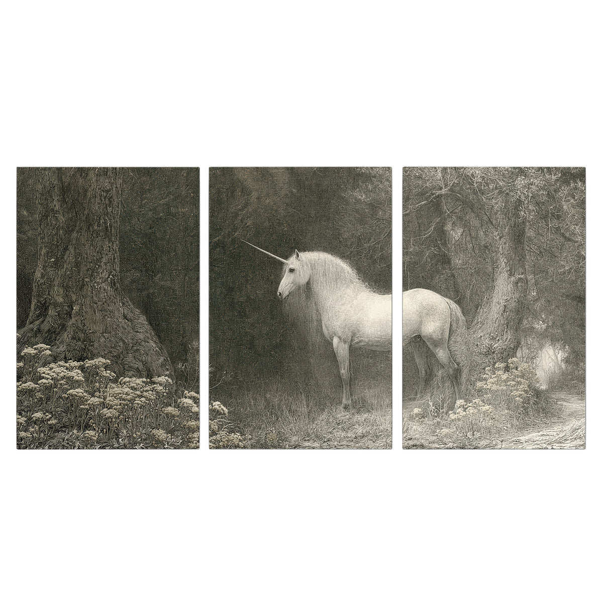 A pale unicorn surrounded by fine gray woodland branches and soft mist 3 piece canvas wall art viewed straight on
