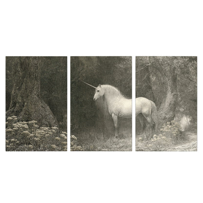 A pale unicorn surrounded by fine gray woodland branches and soft mist 3 piece canvas wall art viewed straight on