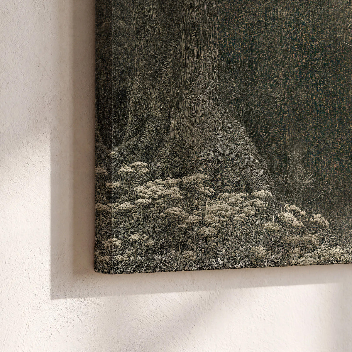 A pale unicorn surrounded by fine gray woodland branches and soft mist 3 piece canvas wall art material and edge close up