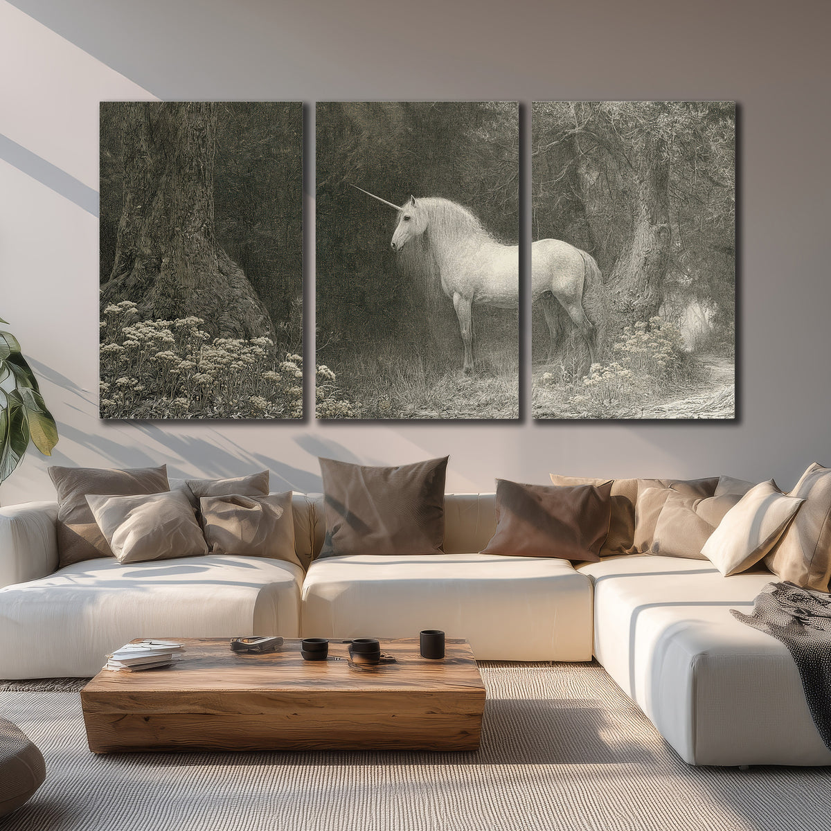 A pale unicorn surrounded by fine gray woodland branches and soft mist 3 piece canvas wall art displayed in a living room