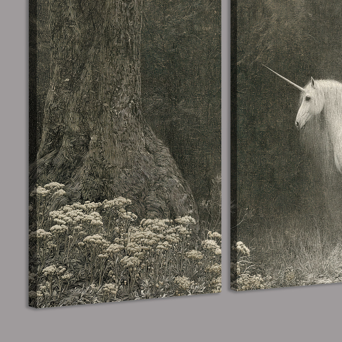 A pale unicorn surrounded by fine gray woodland branches and soft mist 3 piece canvas wall art room and product view