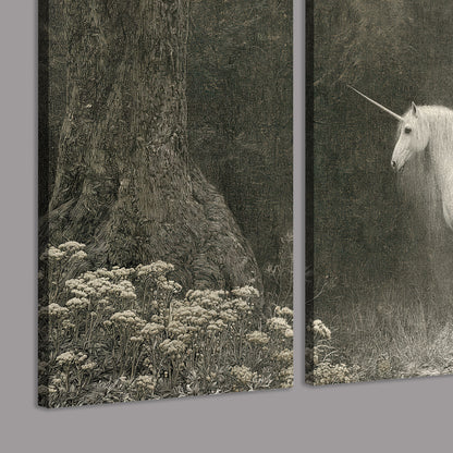 A pale unicorn surrounded by fine gray woodland branches and soft mist 3 piece canvas wall art room and product view