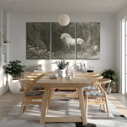 A pale unicorn surrounded by fine gray woodland branches and soft mist 3 piece canvas wall art room and product view