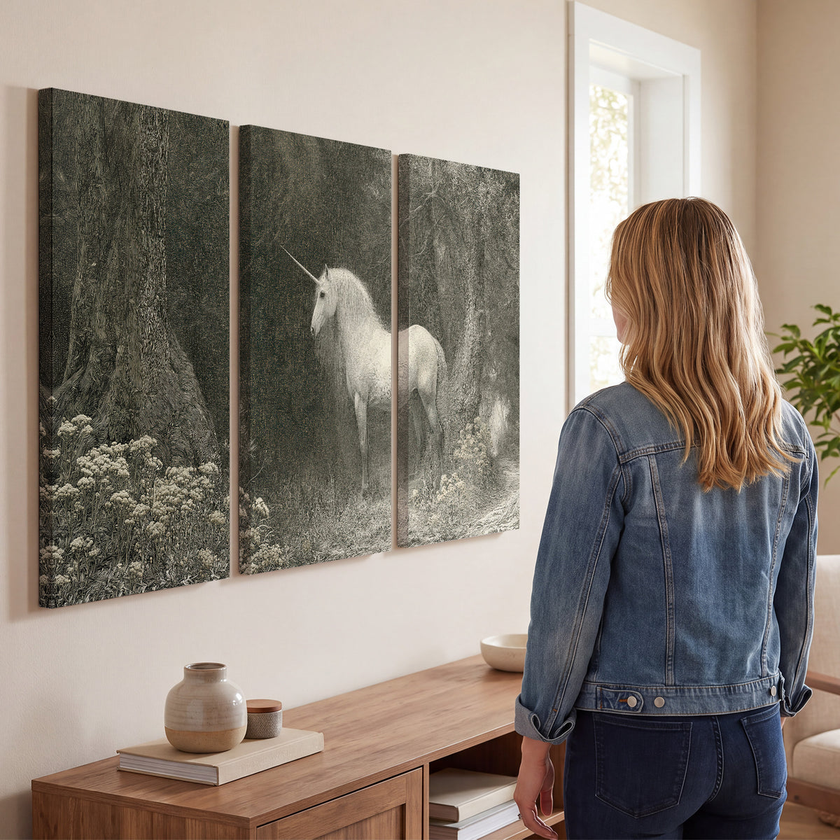 A pale unicorn surrounded by fine gray woodland branches and soft mist 3 piece canvas wall art three panel arrangement on a wall