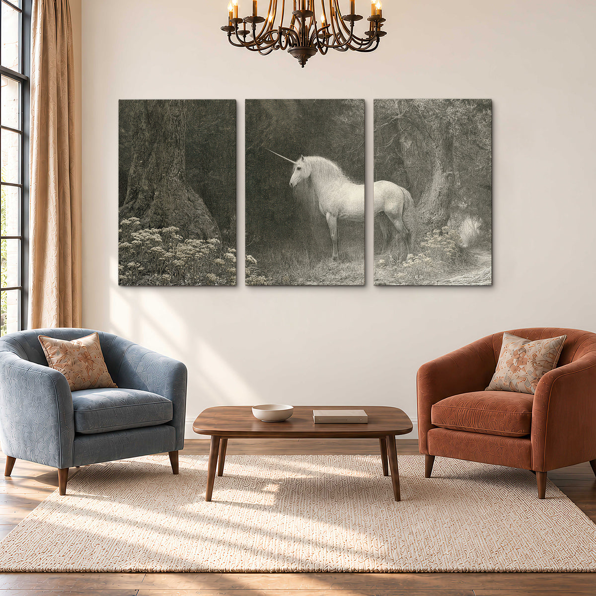 A pale unicorn surrounded by fine gray woodland branches and soft mist 3 piece canvas wall art styled in an interior