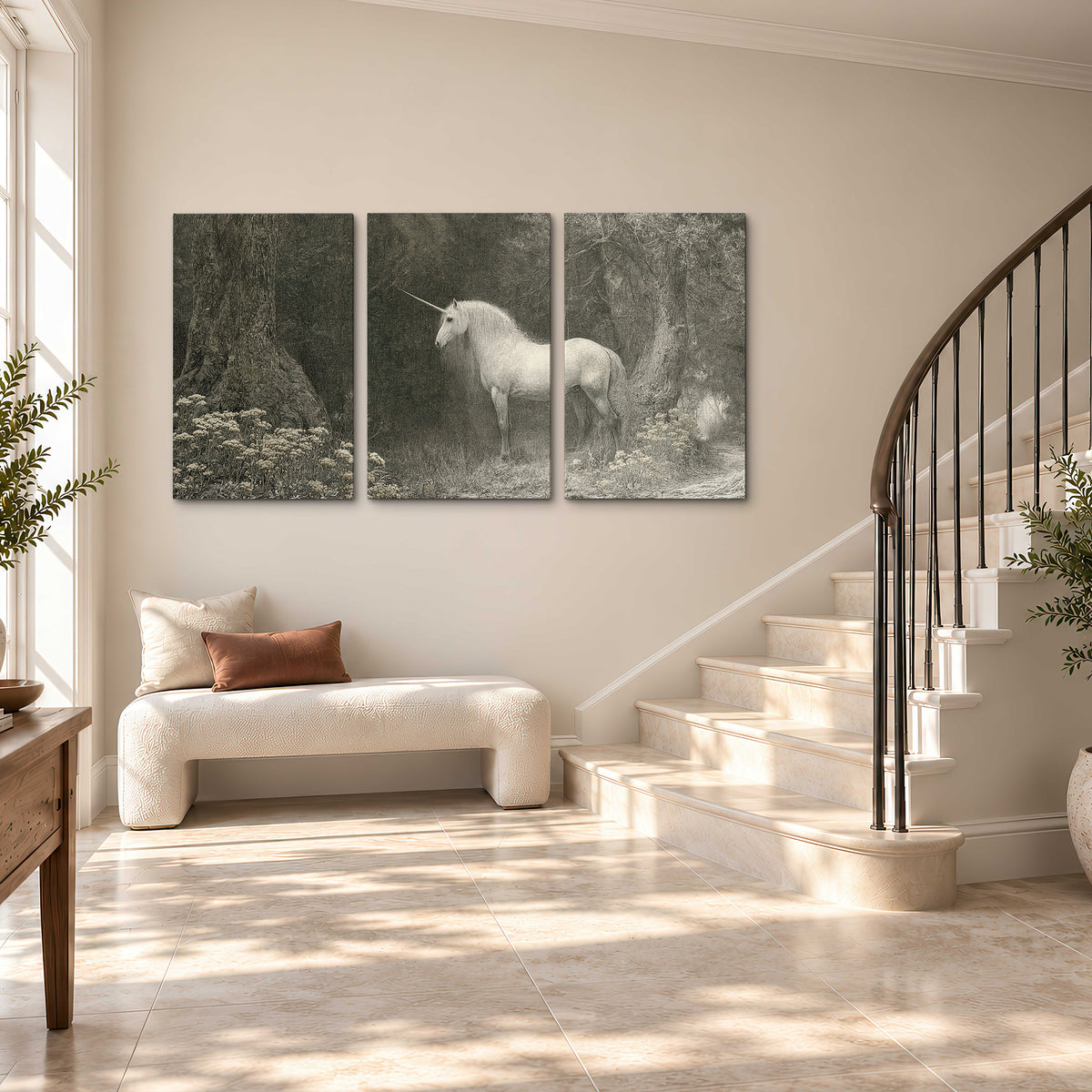 A pale unicorn surrounded by fine gray woodland branches and soft mist 3 piece canvas wall art styled in an interior