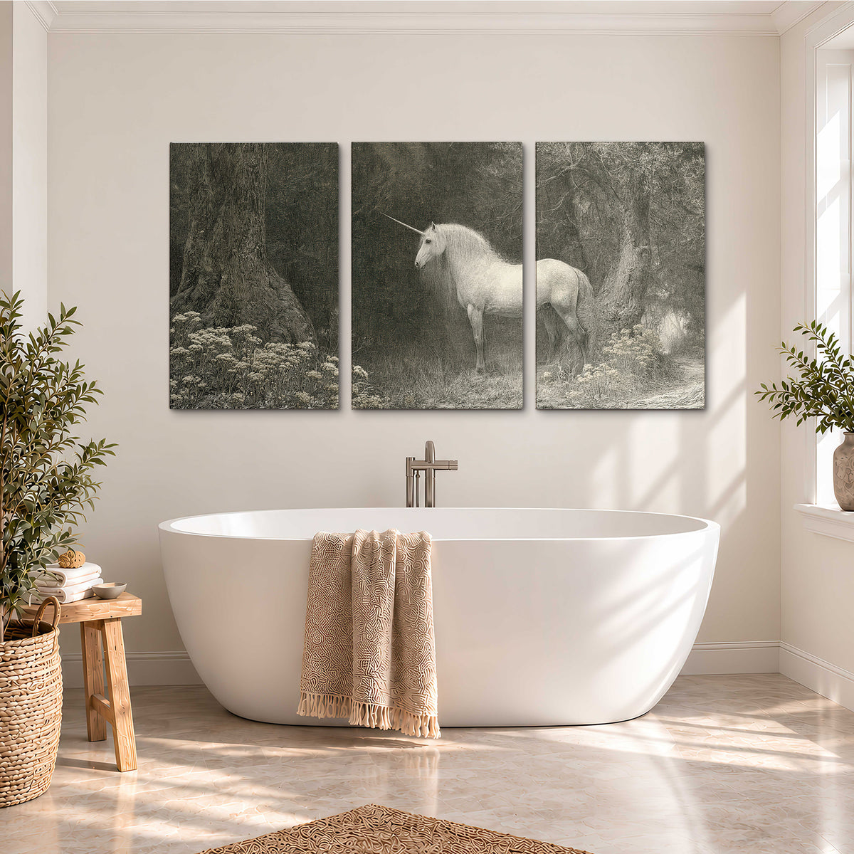 A pale unicorn surrounded by fine gray woodland branches and soft mist 3 piece canvas wall art styled in an interior