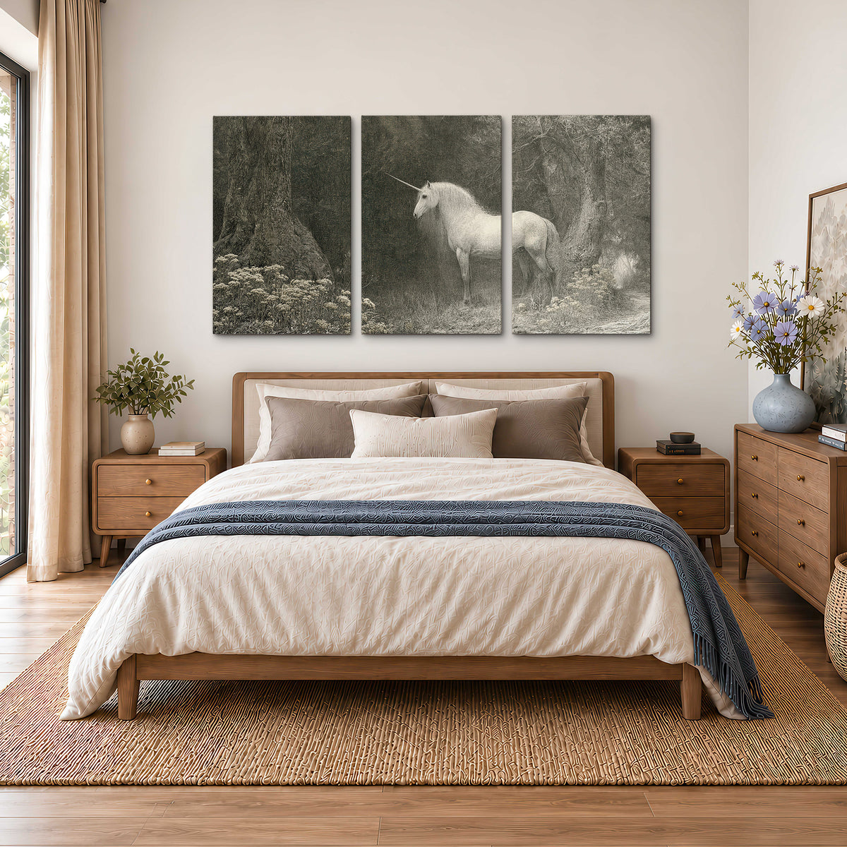 A pale unicorn surrounded by fine gray woodland branches and soft mist 3 piece canvas wall art styled in an interior