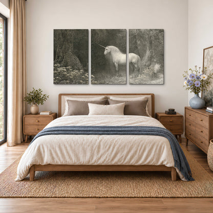 A pale unicorn surrounded by fine gray woodland branches and soft mist 3 piece canvas wall art styled in an interior