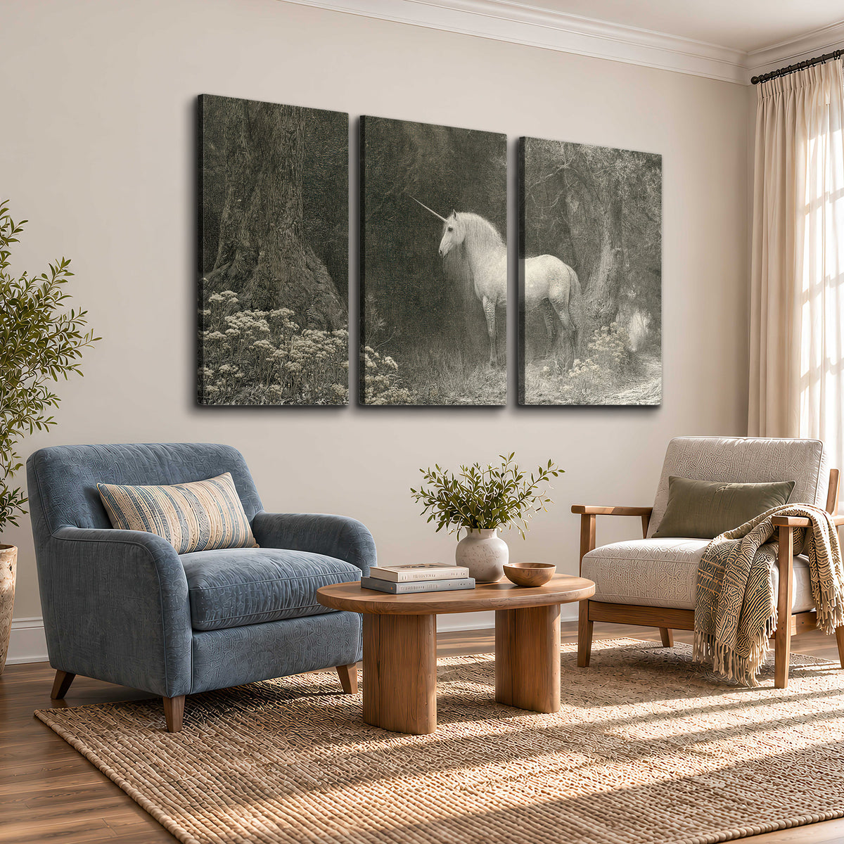 A pale unicorn surrounded by fine gray woodland branches and soft mist 3 piece canvas wall art styled in an interior