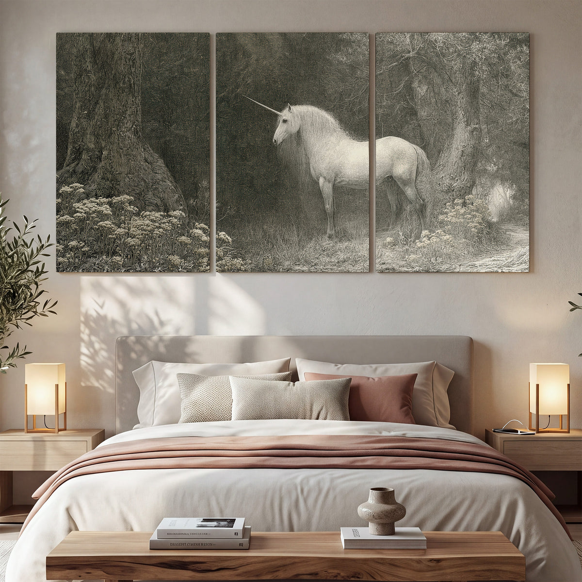 A pale unicorn surrounded by fine gray woodland branches and soft mist 3 piece canvas wall art displayed in a bedroom