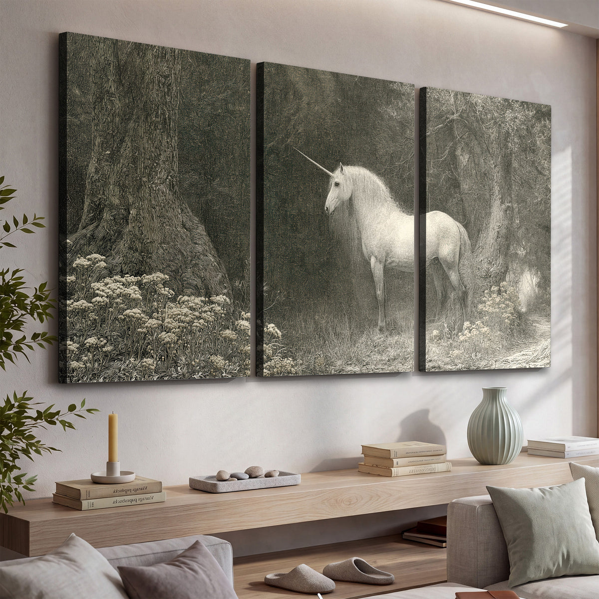 A pale unicorn surrounded by fine gray woodland branches and soft mist 3 piece canvas wall art displayed in a console