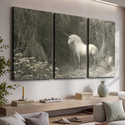 A pale unicorn surrounded by fine gray woodland branches and soft mist 3 piece canvas wall art displayed in a console