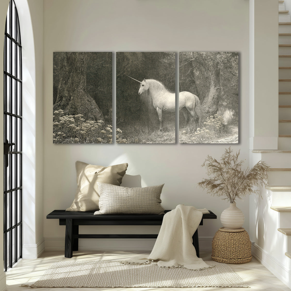 A pale unicorn surrounded by fine gray woodland branches and soft mist 3 piece canvas wall art displayed in a entryway