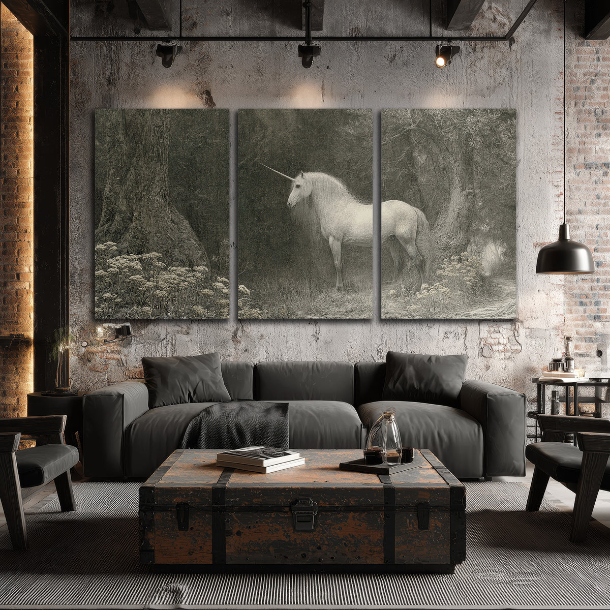 A pale unicorn surrounded by fine gray woodland branches and soft mist 3 piece canvas wall art displayed in a industrial room